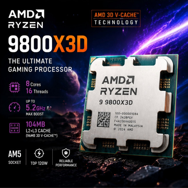 AMD Ryzen 7 9800X3D Desktop-Prozessor mit 8 Kernen, 16 Threads, 4,7 GHz und 104 MB Cache, Socket AM5 - Bild 1