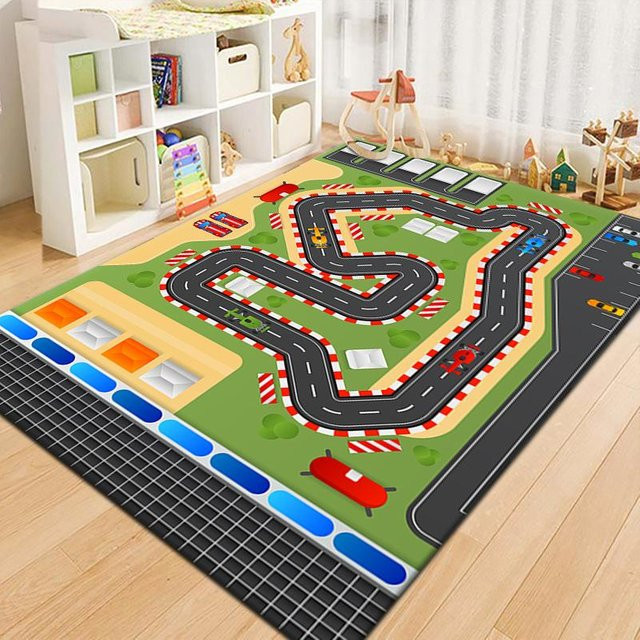 BC-Warm Home Cartoon-Rennstrecke Teppich mit Parkplatz und Straße, rutschfeste und schmutzabweisende Bodenmatte für Kinderzimmer, B/H: 60 x 40 cm - Bild 1
