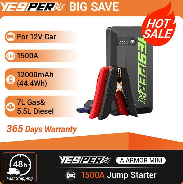 YESPER Tragbarer Auto-Starthilfe-Booster in Schwarz mit 1500A Spitzenstrom, 12V Batterie-Booster und Powerbank mit USB-C Anschluss für Motorrad, SUV und LKW (bis 7L Benzin / 5.5L Diesel) - Bild 1