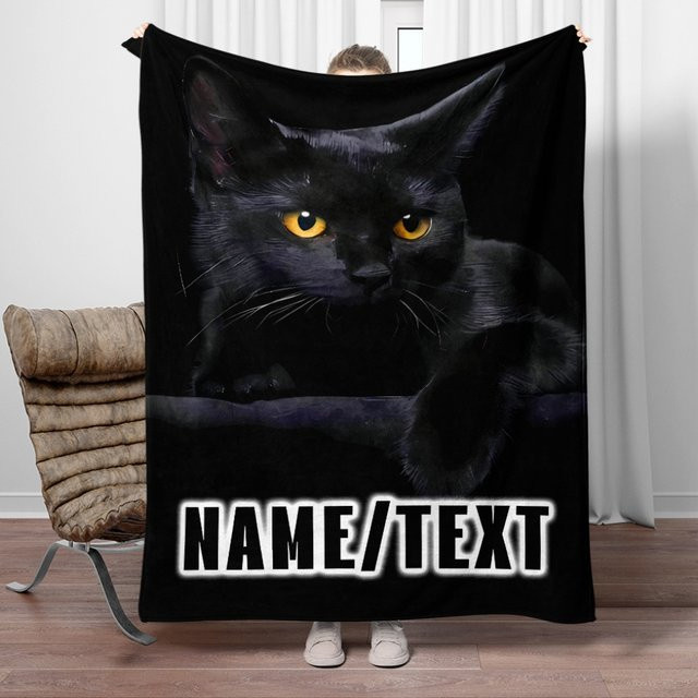 WhiskerWonders Personalisierte Flanell-Überwurfdecke mit schwarzer Katze aus weichem Polyester - Bild 1