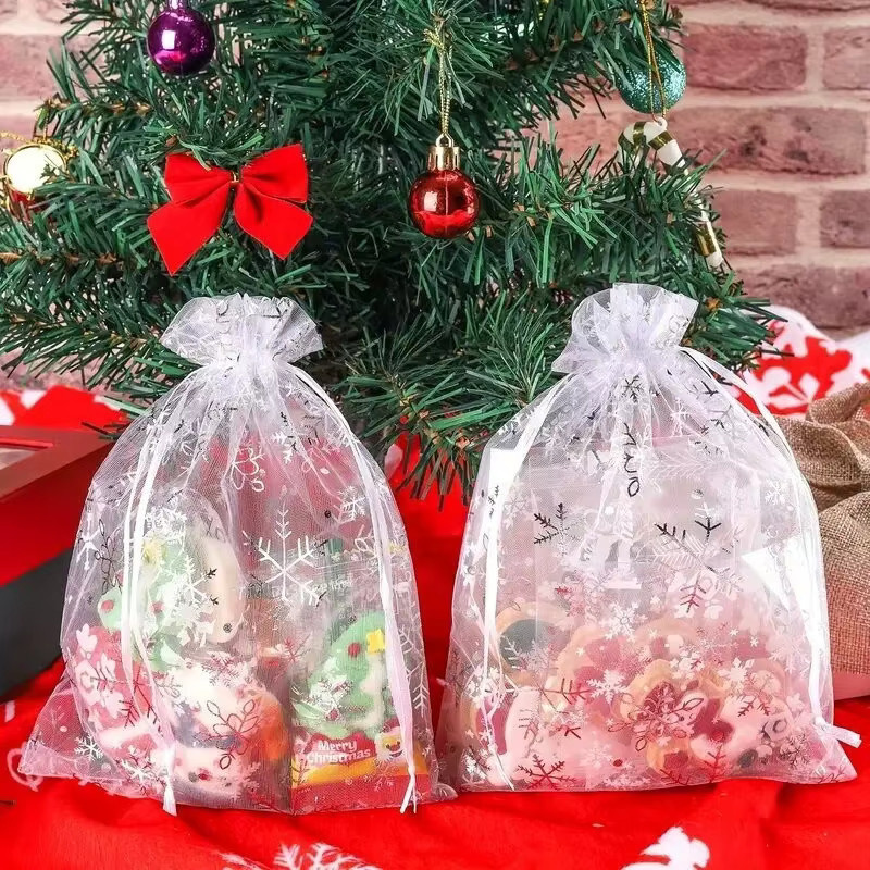 Transparente Mesh Geschenktaschen mit Schneeflocken-Design und Kordelzug für Weihnachten und Partys, 100 Stück - Bild 2