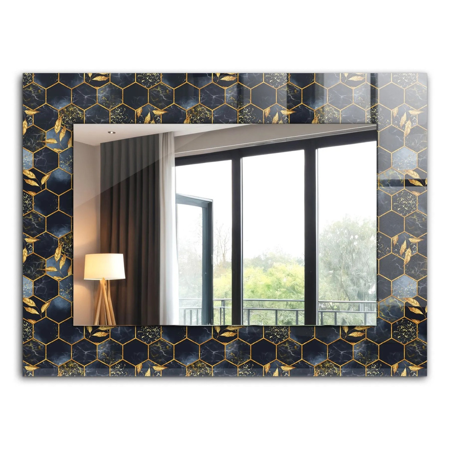 Tulup Wandspiegel Rechteckig mit floralem Sechseckige Blätter Aufdruck in Blau und Schwarz, B: 80 cm, H: 60 cm - Bild 2
