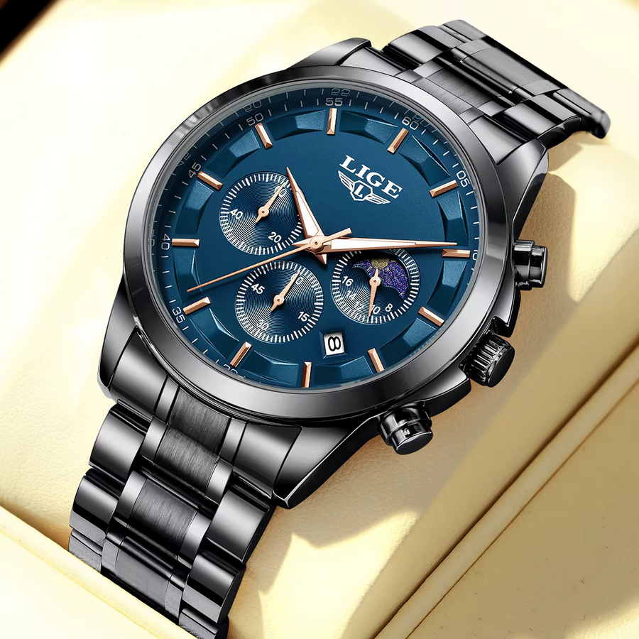 LIGE Armbanduhr Chronograph, Quarz, Edelstahl, Blau, Herren - Bild 2