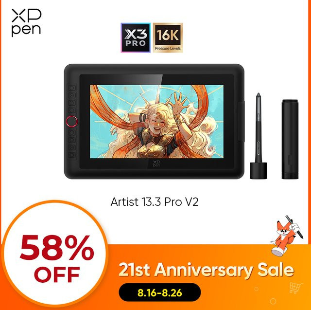 XPPen Artist 13.3 Pro V2 Grafiktablet mit 13,3 Zoll Display in Schwarz und batterielosem Stylus mit 16K Druckstufen - Bild 1