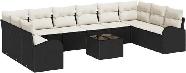 vidaXL Garten-Sofa-Set 11-teilig in U-Form aus Poly-Rattan mit Polsterkissen in Schwarz-Creme - Bild 1