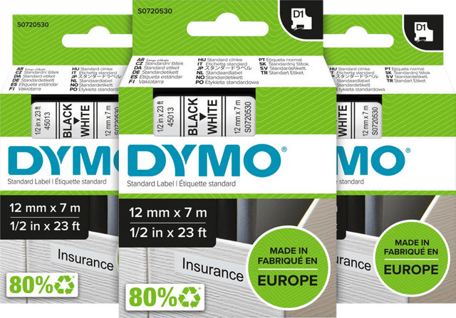 DYMO D1 Etiketten Schwarz-Weiß Multipurpose 12 mm x 7 m 3er-Pack - Bild 1