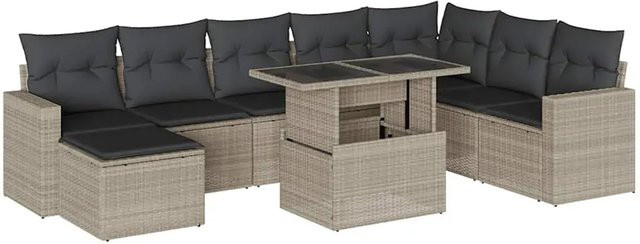 vidaXL 9-tlg. Garten-Sofagarnitur in L-Form aus Polyrattan mit Kissen in Hellgrau - Bild 1
