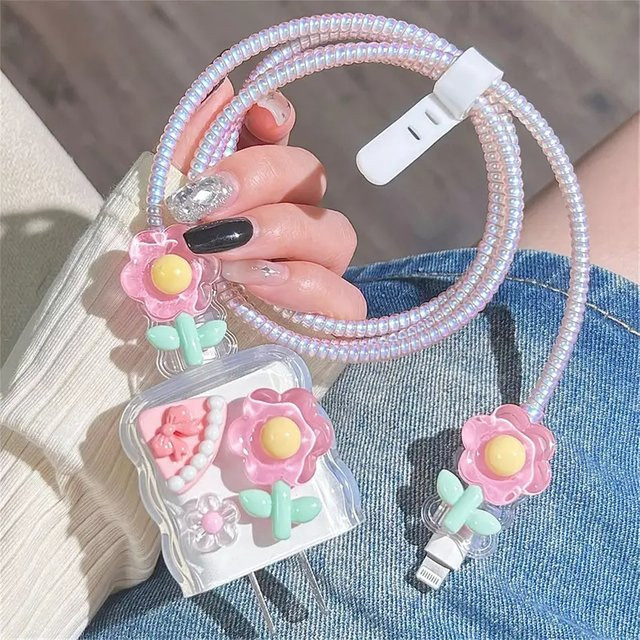 3D Rosa Blume Kabel Schutzhülle für iPhone 15 14 13 Pro Max Ladegeräte und Datenkabel in Pink und Multicolour - Bild 1