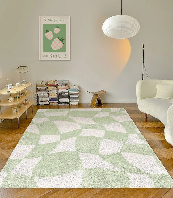 Karierter Plüschteppich in Salbei Grün im modernen Y2K-Design für Wohnzimmer und Schlafzimmer - Bild 1