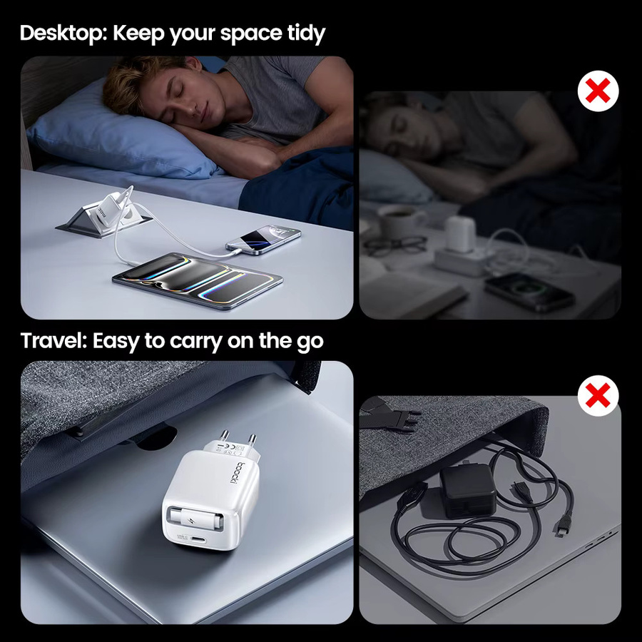Toocki 30 W GaN-Ladegerät mit einziehbarem 68 cm USB-C-Kabel, weiß, Schnellladegerät mit QC PD 3.0 und PPS für iPhone, Samsung und Tablets - Bild 3