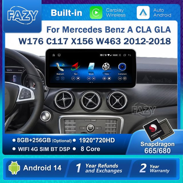 FAZY Android 14 Autoradio mit Carplay und Android Auto für Mercedes Benz A CLA GLA W176 C117 X156 W463 in Schwarz mit WIFI und GPS Navigation - Bild 1