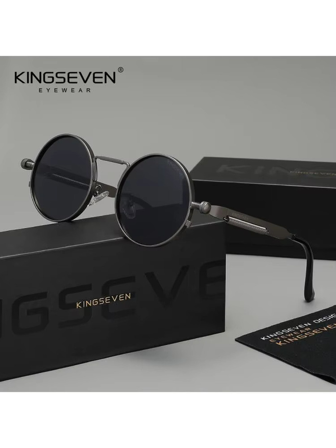 KINGSEVEN Sonnenbrille, Runde Form, Vollrand, Metall, Schwarz, Unisex, polarisiert - Bild 4