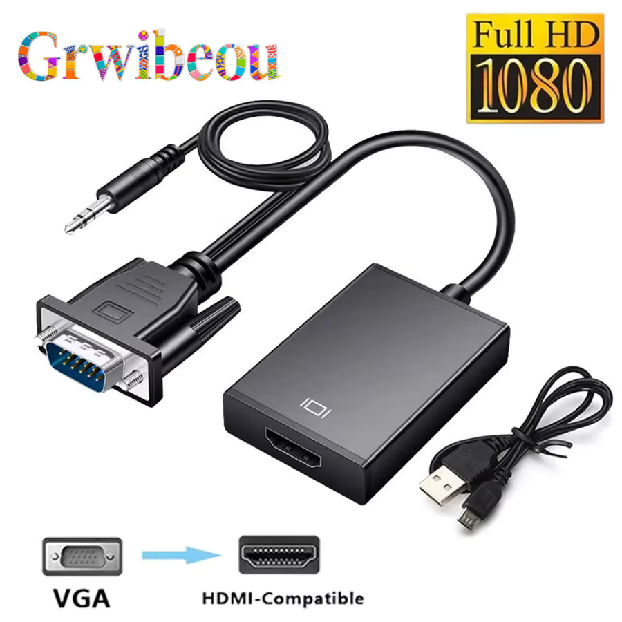 GRWIBEOU VGA zu HDMI Konverter in Schwarz für 1080P HD Audio und Video mit VGA Eingang und HDMI Ausgang für Computer, Laptop, TV und Projektor - Bild 1