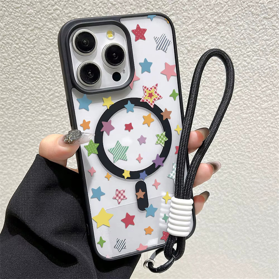 Magnetische iPhone Handyhülle mit INS-Stern-Design und Umhängeband, stoßfeste matte Acryl-Abdeckung für Apple iPhone 17 16 15 14 13 12 11 Pro Max, Multicolor - Bild 2