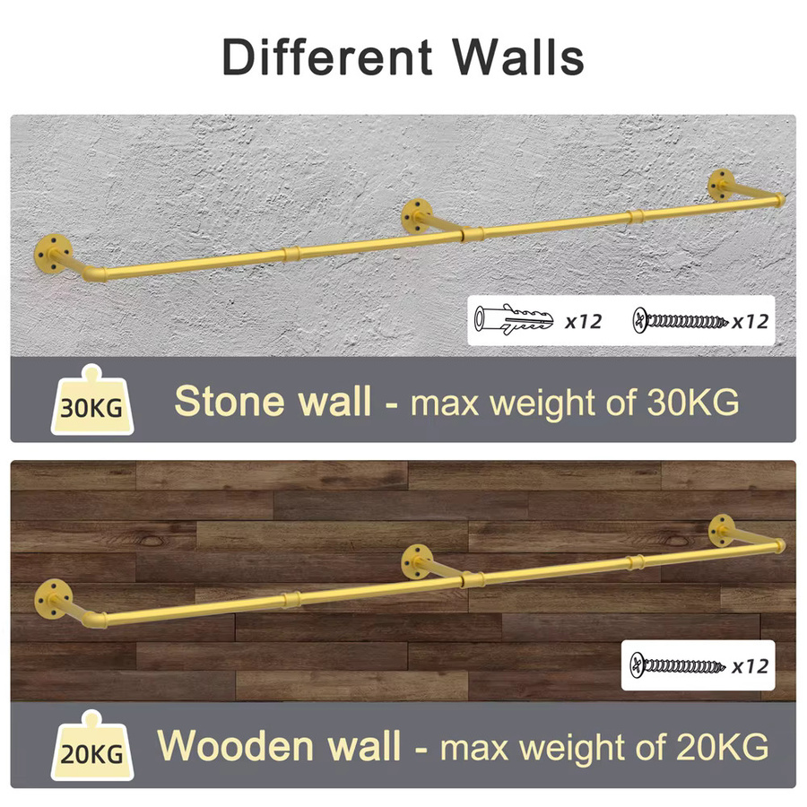 Wisfor Industrielle Kleiderstange aus Metall zur Wandmontage für das Schlafzimmer, Schwarz oder Gold, Glänzend - Bild 5