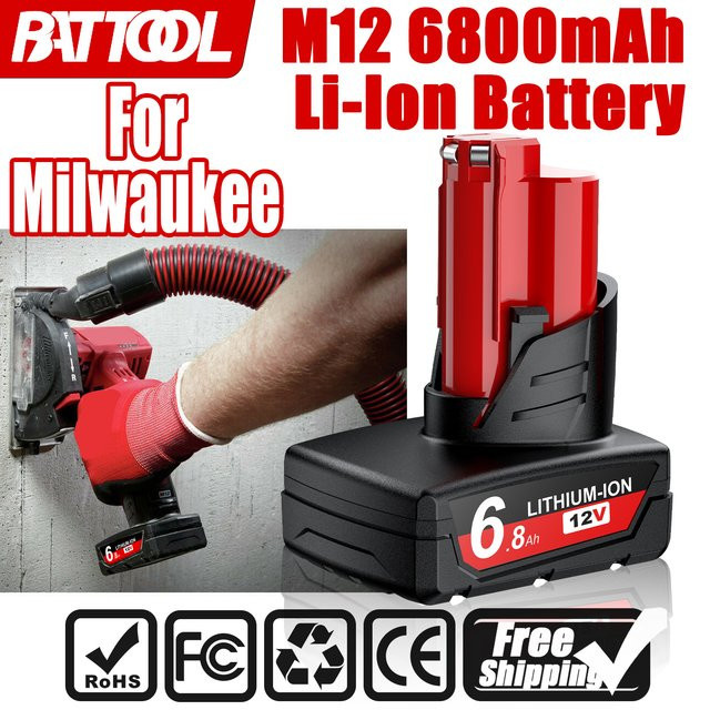 BATTOOL Li-Ion Akku 12V 6800mAh in Rot für Milwaukee M12 48-11-2402 48-11-2411 48-11-2401 MIL-12A-L - Bild 1