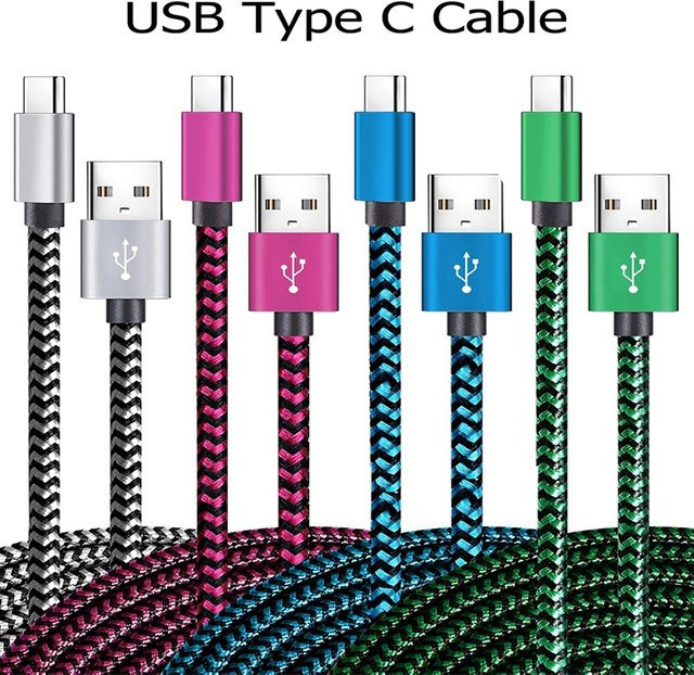 USB Typ C Ladekabel aus gelbem Nylon-Geflecht für schnelles Laden und Datensynchronisation für iPhone, Samsung, Huawei, Xiaomi und Realme - Bild 1