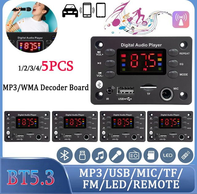 Kebidu Bluetooth 5.0 MP3 WMA Decoder Board mit USB, TF, FM Radio und Mikrofon, Schwarz - Bild 1