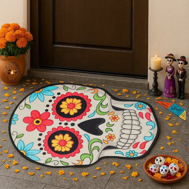 VIKAMA Halloween-Schädel Bodenmatte, wasserabsorbierender Teppich für Wohnzimmer und Küche, Multicolor, B/T: 60 x 40 cm - Bild 1
