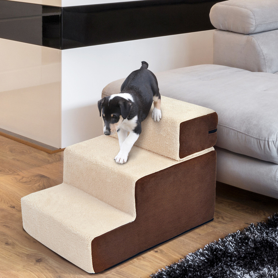 PawHut Hundetreppe mit 3 Stufen aus Plüsch in Beige, B/T/H: 54 x 40 x 39 cm - Bild 2