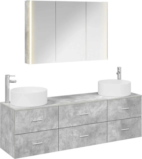 vidaXL Badezimmermöbel-Set 4-teilig in Betongrau mit Waschtischunterschrank und Spiegelschrank aus Holz und Glas mit LED-Beleuchtung - Bild 1