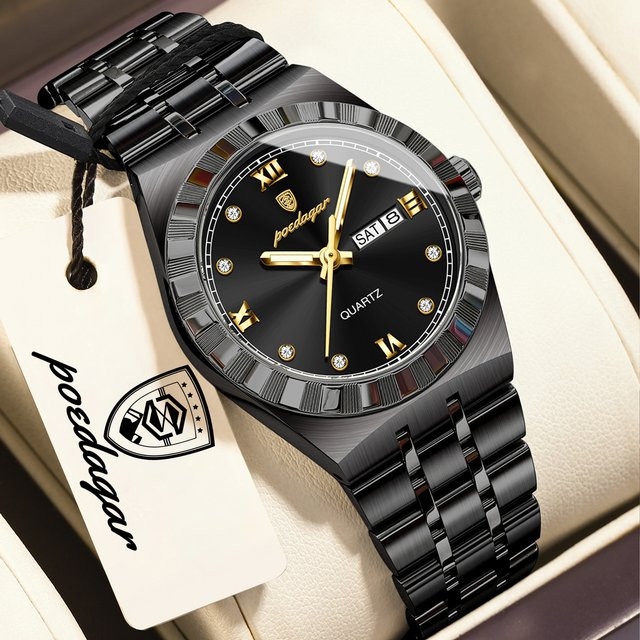 POEDAGAR Armbanduhr Edelstahl, Quarz, Wochentag, Datum, Damen, Schwarz - Bild 1
