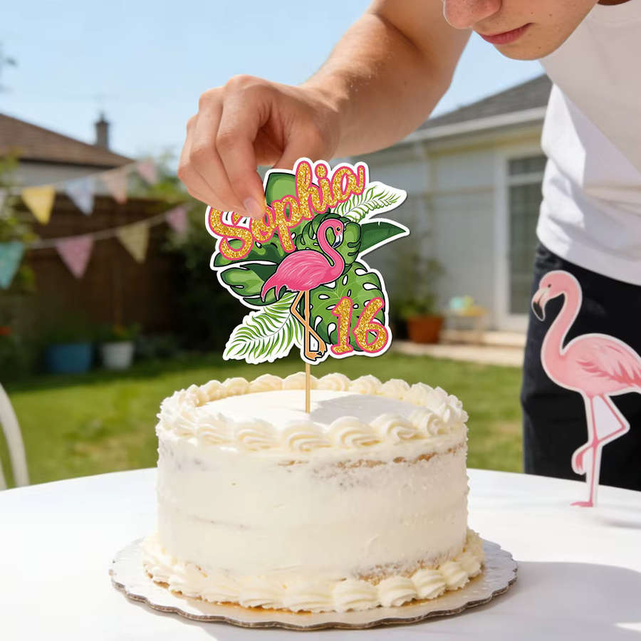 Personalisierter Kuchenaufsatz im Sommer-Flamingo-Design mit grünem Pflanzen-Motiv, individueller Name und Alter, tropische Hawaii-Tortendekoration, grün und mehrfarbig - Bild 3