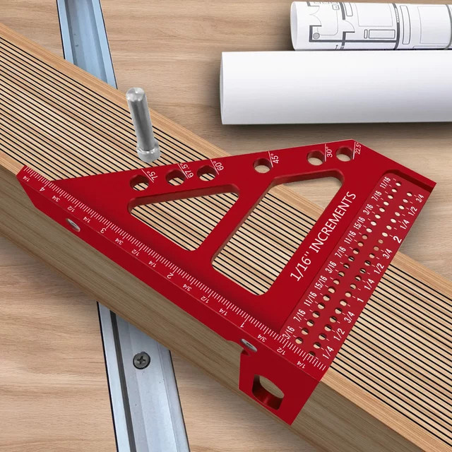 GDART 3D Multi-Winkel Holzbearbeitungs-Winkelmesser aus Aluminium-Legierung als T-Typ Anreißer in Silber oder Rot mit 22,5/30/45/60/67,5/90 Grad Gehrungsdreieck-Lineal - Bild 1