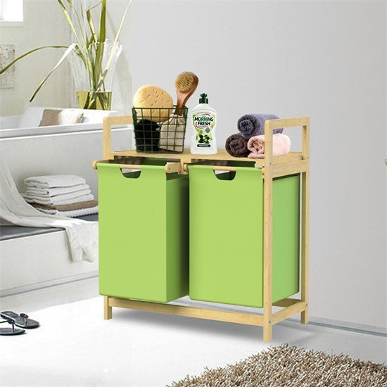 ML-Design Wäschekorb aus Bambus mit 2 Fächern und Ablage, Grün, B/T/H: 73 x 63 x 33 cm - Bild 1