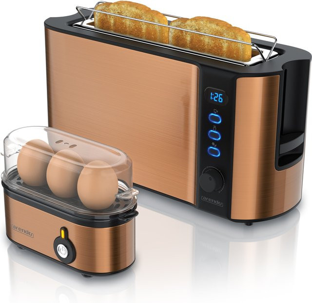 Arendo Frühstücksset mit 2-Scheiben Langschlitztoaster und Eierkocher THREECOOK in Kupfer - Bild 1