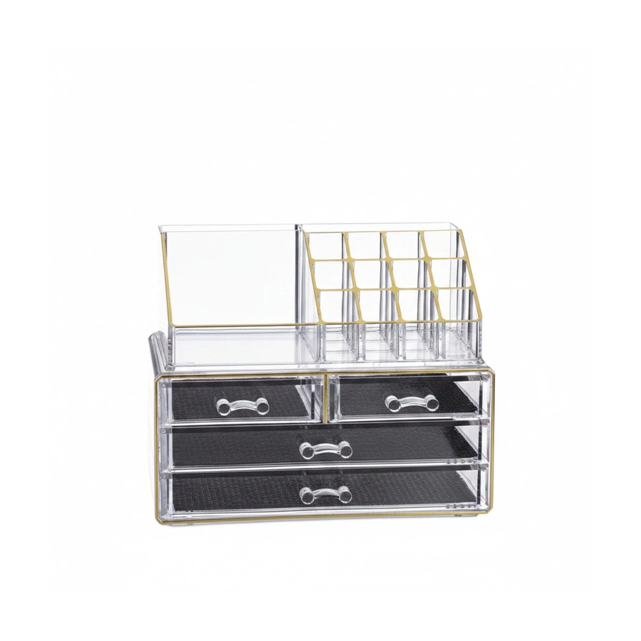 Relaxdays Make Up Organizer aus Acryl in Gold Gestreift mit 4 Schubfächern, B: 24 cm, T: 19 cm, H: 13,5 cm - Bild 2