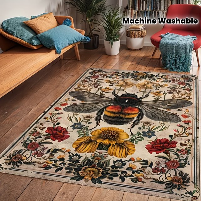 VIKAMA Bienengarten-Teppich in Multicolour, weiche Bodenmatte im Vintage-Design für Wohnzimmer und Schlafzimmer, Rechteckig, B/T: 60 x 40 cm - Bild 1