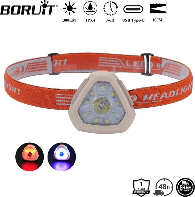 BORUiT LED-Stirnlampe mit Kappenclip, 300 Lumen, wiederaufladbar via USB Typ C, mit rotem Licht, wasserdicht, Weiß/Rot - Bild 1