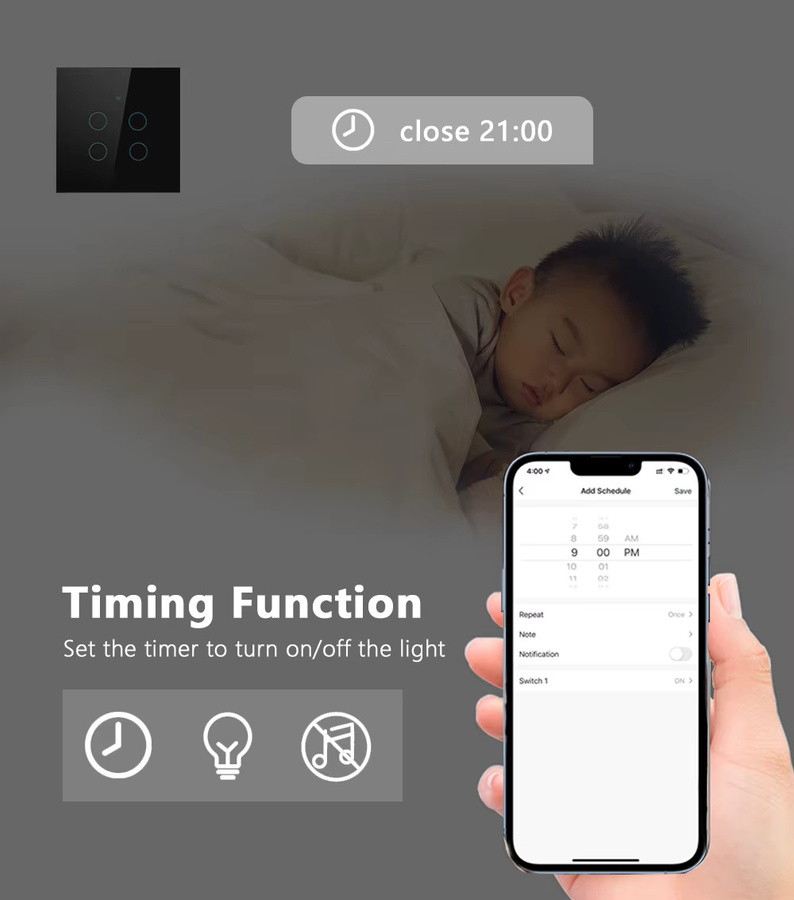 Tuya Smart WIFI Touch Lichtschalter Schwarz, kabelloser LED-Lichtschalter ohne Neutralleiter, kompatibel mit Alexa und Google Home - Bild 5