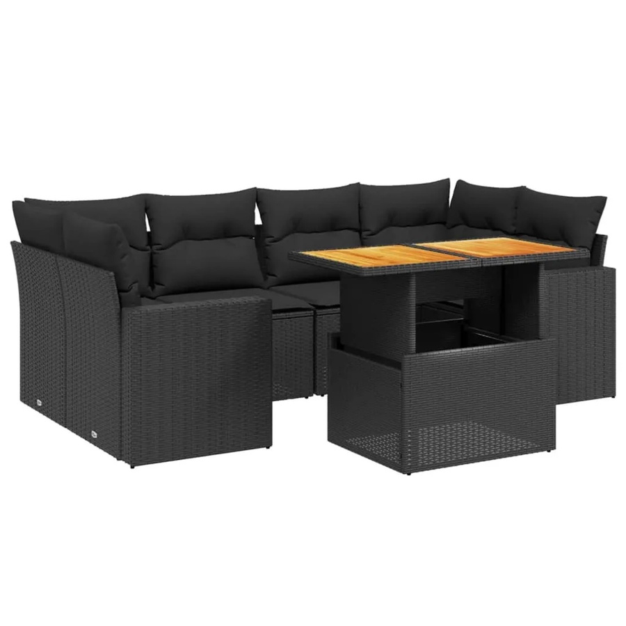 vidaXL 7-teilige Garten-Sofagarnitur aus Poly-Rattan und Akazienholz in Schwarz mit Kissen - Bild 2