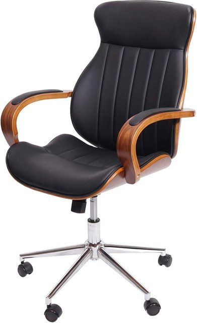 Proregal Bürostuhl im Retro-Design mit Walnuss-Optik und schwarzem Kunstleder, Drehstuhl mit Armlehnen und Rollen, H x B x T: 109 x 63 x 64 cm, Sitzhöhe: 46 cm - Bild 1