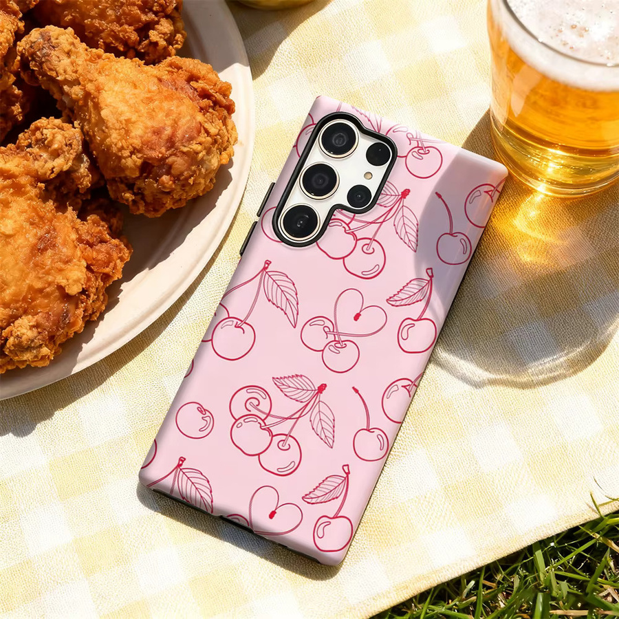 Potdemiel Cherry Outline Handyhülle für Samsung Galaxy S25 Ultra, S24 und S23 Ultra Plus in Pink mit glänzender doppellagiger Rückseite - Bild 3