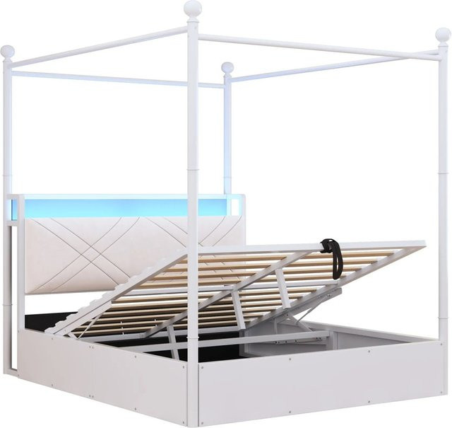 Merax Eisenbett mit Baldachin, LED-Beleuchtung und USB-Anschluss, Weiß, B/T/H: 140 x 190 x 208,6 cm - Bild 1