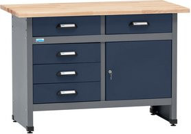 Küpper Werkbank mit 5 Schubladen und Tür, blau-grau, B/T/H: 120 x 60 x 84 cm - Bild 1