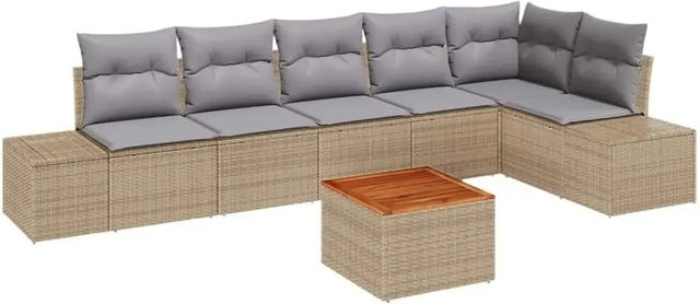 vidaXL Garten-Sofa-Set 7-teilig in Beige und Hellgrau mit Poly-Rattan, pulverbeschichtetem Stahl und Akazienholz, L-Form mit Stauraum und Polstern - Bild 1