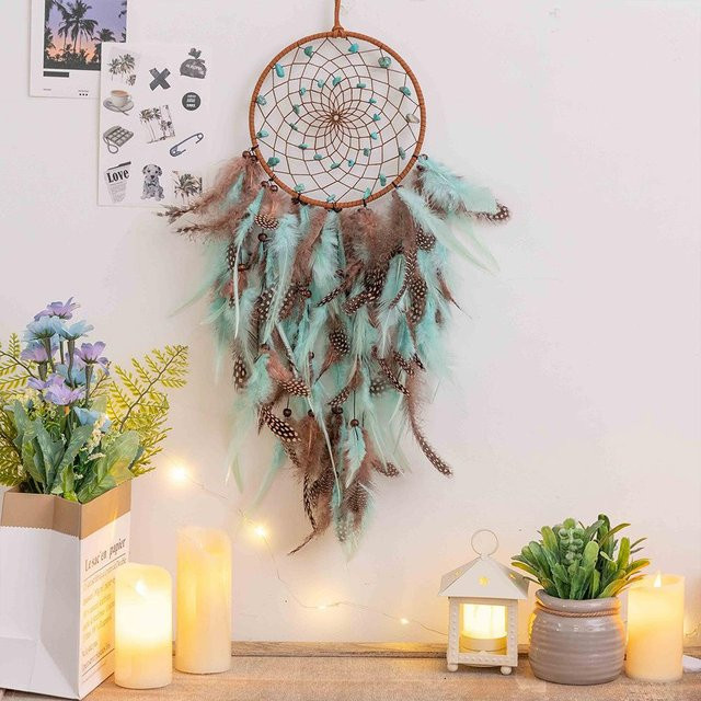 Yiran Furniture Lebensbaum Wandbehang mit Federn und Naturkies in Türkis und Grün - Bild 1