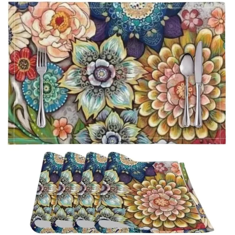 VIKAMA 4-teiliges Bohemian Floral Tischset, mehrfarbig, wasserdicht und ölbeständig - Bild 3