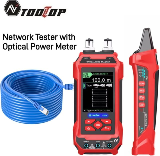 TOOLTOP 4-in-1 Netzwerkkabeltester in Rot mit optischem Leistungsmesser, Multimeter, VFL und PoE-Tester für Strukturverkabelung - Bild 1