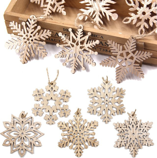 9er Set Tissy Weihnachts Schneeflocken Anhänger aus Holz in Beige zur Dekoration - Bild 1