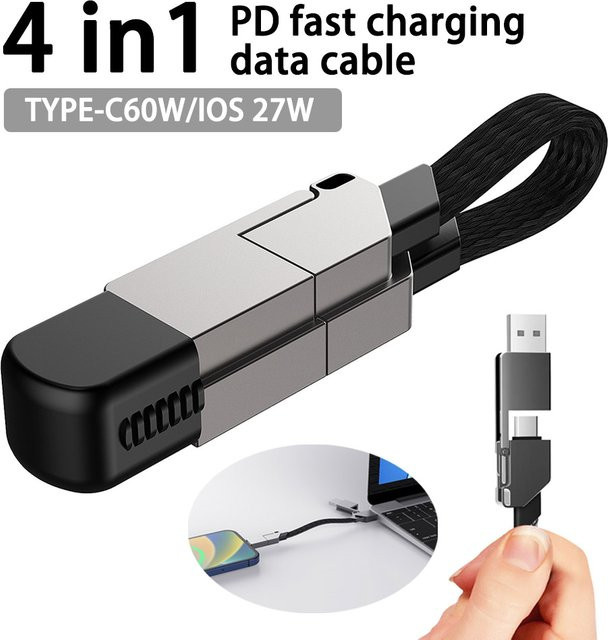 4-in-1 Multi-Schnellladekabel Schlüsselanhänger in Schwarz mit PD 27 W für iPhone Lightning und USB-C 60 W für Android sowie QC 27 W Datenkabel - Bild 1