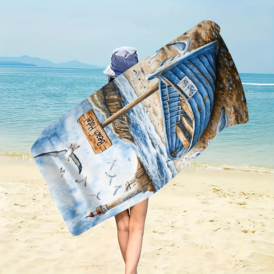 Strandtuch Strandparadies mit blauem Boot und Leuchtturm Motiv von JMG Household Supplies, Farbe: Blau/Mehrfarbig, B/H: 35 x 75 cm - Bild 3