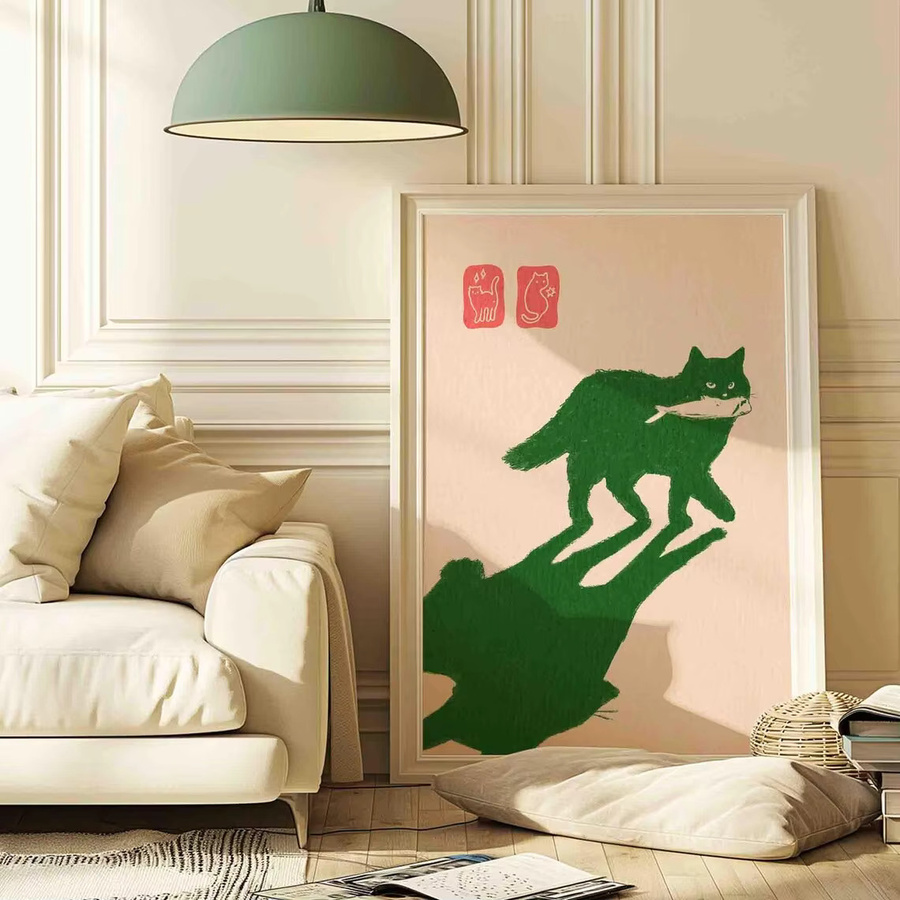 Dunkelgrünes Poster mit Katze und Fisch im japanischen Japandi-Stil als Wandkunst aus Papier - Bild 2