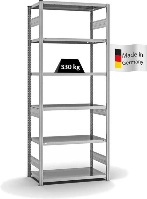 PROREGAL Fachbodenregal Stecksystem T-Profil Heavy-Duty Grundregal, verzinkt, Farbe: Silber, H x B x T: 250 x 100 x 50 cm, 6 Ebenen, Fachlast 330 kg, beidseitig nutzbar - Bild 1