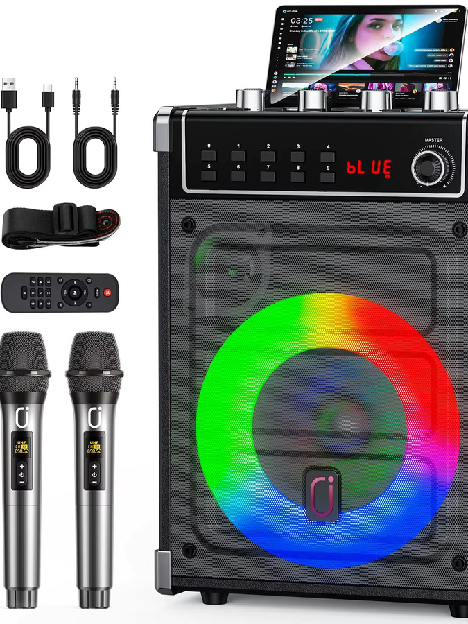 FanFun Karaoke-Maschine in Schwarz mit 2 UHF-Funkmikrofonen, Bluetooth-Lautsprecher mit Bass- und Höhenregelung sowie LED-Licht und PA-System - Bild 7