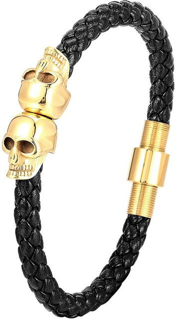 YULIN Armband, schwarzes geflochtenes Leder, Edelstahl, Totenkopf, Herren, 21cm - Bild 1